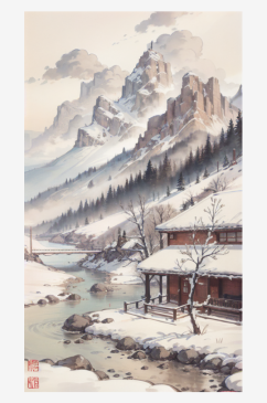 AI数字艺术古风建筑雪景水墨画