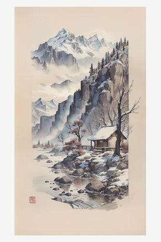 AI数字艺术古风建筑雪景水墨画