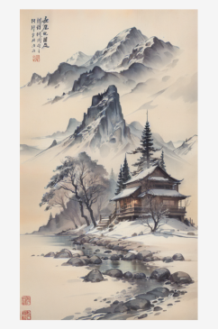 AI数字艺术古风建筑雪景水墨画