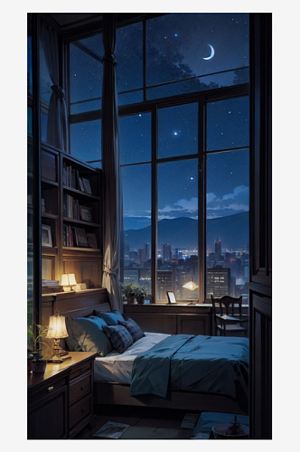 AI数字艺术城市夜景星空卧室插图