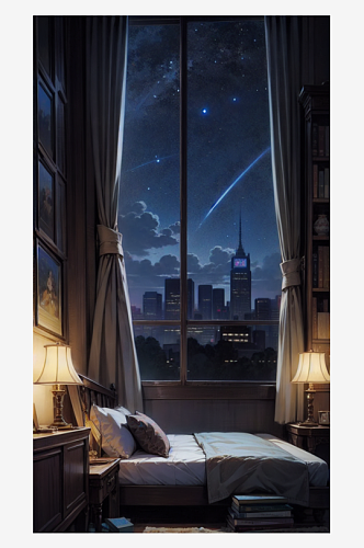 AI数字艺术城市夜景星空卧室插图