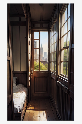 AI数字艺术城市卧室窗户场景插图