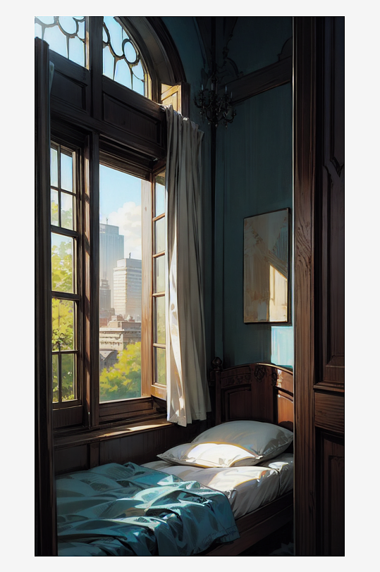 AI数字艺术城市卧室窗户场景插图
