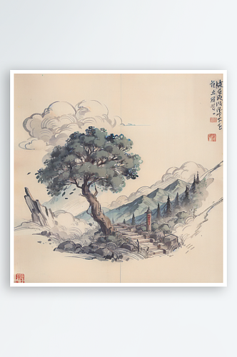 AI数字艺术青山祥云水墨画