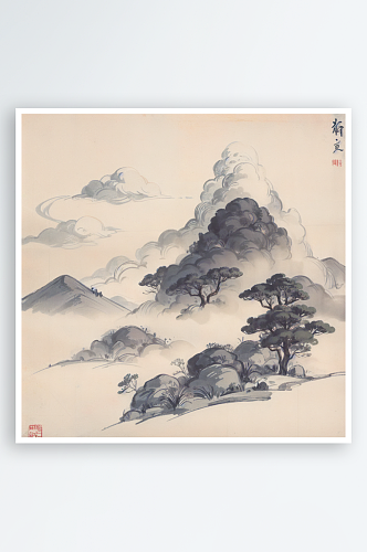 AI数字艺术青山祥云水墨画