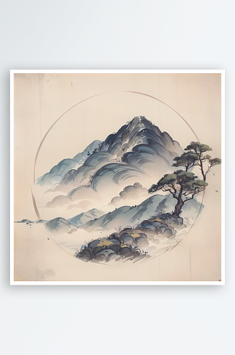 AI数字艺术青山祥云水墨画