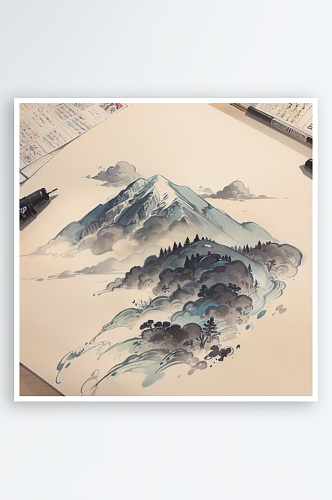 AI数字艺术青山祥云水墨画