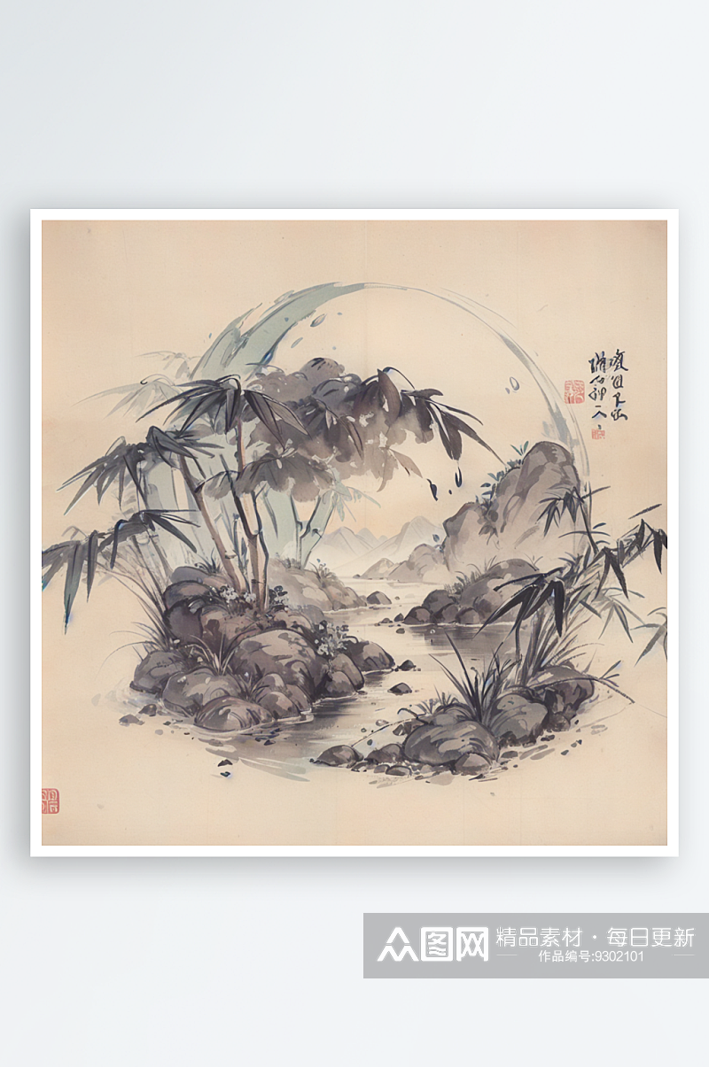 AI数字艺术传统竹子枝叶岩石场景水墨画素材