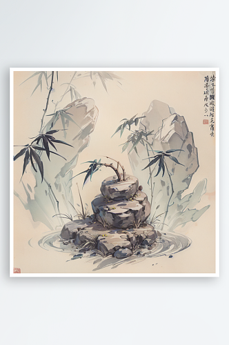 AI数字艺术传统竹子枝叶岩石场景水墨画
