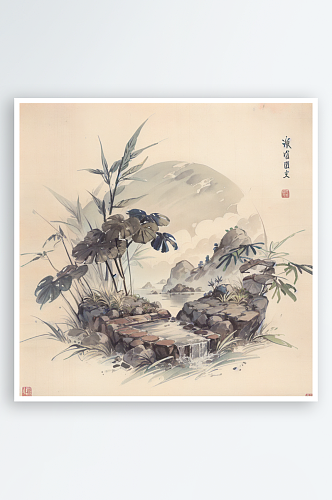 AI数字艺术传统竹子枝叶岩石场景水墨画