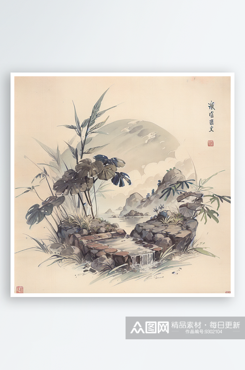 AI数字艺术传统竹子枝叶岩石场景水墨画素材