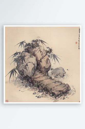 AI数字艺术传统竹子枝叶岩石场景水墨画