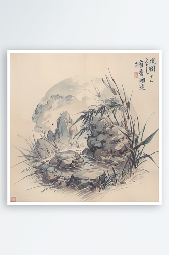 AI数字艺术传统竹子枝叶岩石场景水墨画