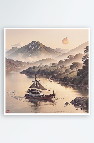 AI数字艺术红日青山湖水场景国潮水墨画