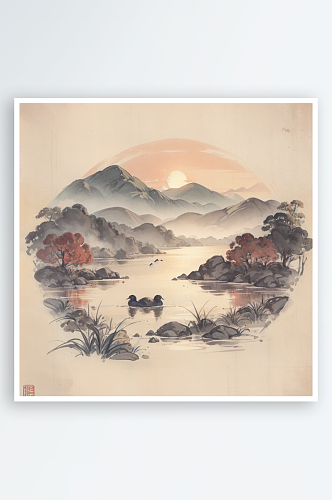 AI数字艺术红日青山湖水场景国潮水墨画