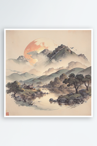 AI数字艺术红日青山湖水场景国潮水墨画