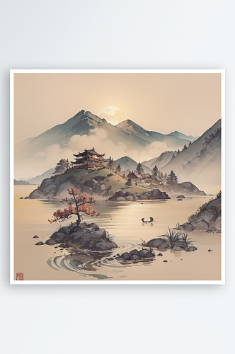 AI数字艺术红日青山湖水场景国潮水墨画