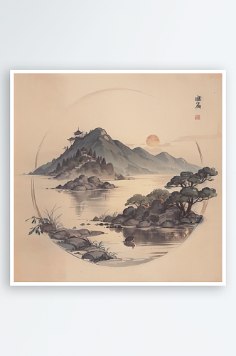 AI数字艺术红日青山湖水场景国潮水墨画