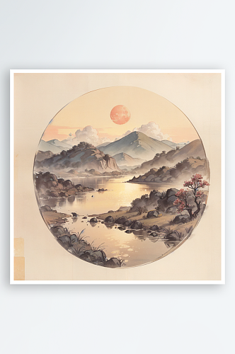 AI数字艺术红日青山湖水场景国潮水墨画