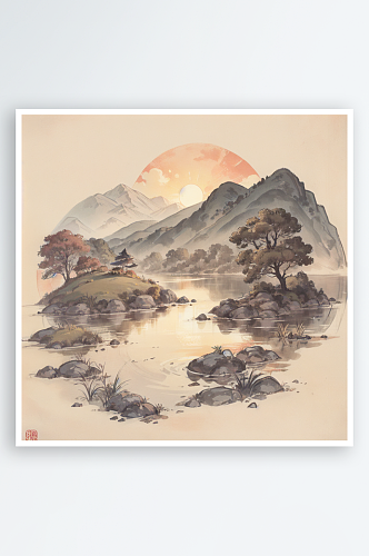 AI数字艺术红日青山湖水场景国潮水墨画