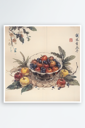 AI数字艺术摆盘水果水墨画