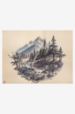 AI数字艺术国潮青山绿水场景水墨插画