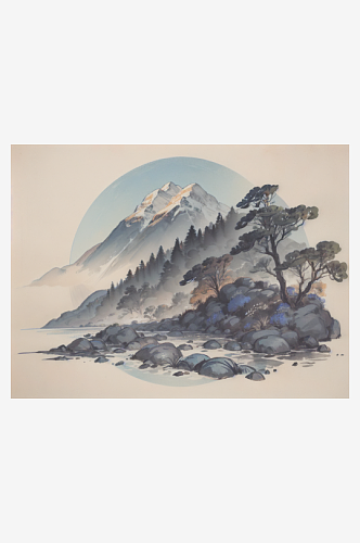 AI数字艺术国潮青山绿水场景水墨插画