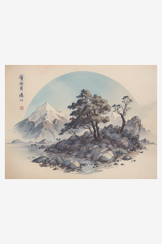 AI数字艺术国潮青山绿水场景水墨插画