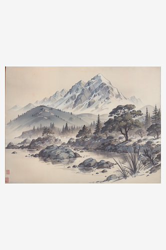 AI数字艺术国潮青山绿水场景水墨插画