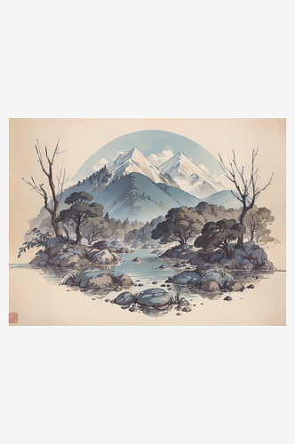 AI数字艺术国潮青山绿水场景水墨插画