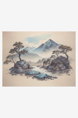 AI数字艺术国潮青山绿水场景水墨插画