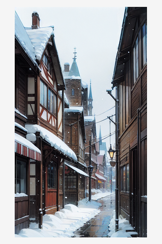 AI数字艺术冬日城镇雪景插图