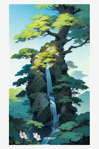 AI数字艺术瀑布高山树木场景插图