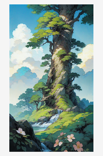 AI数字艺术瀑布高山树木场景插图