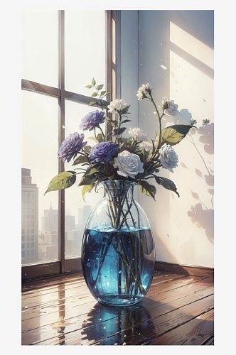 AI数字艺术透明花瓶插鲜花插图
