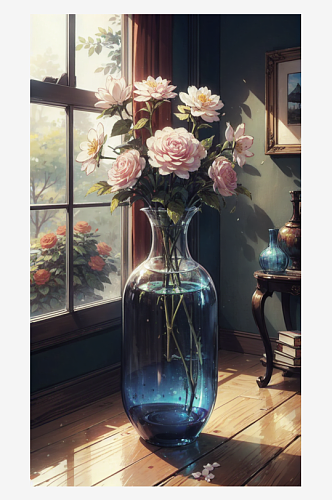 AI数字艺术透明花瓶插鲜花插图