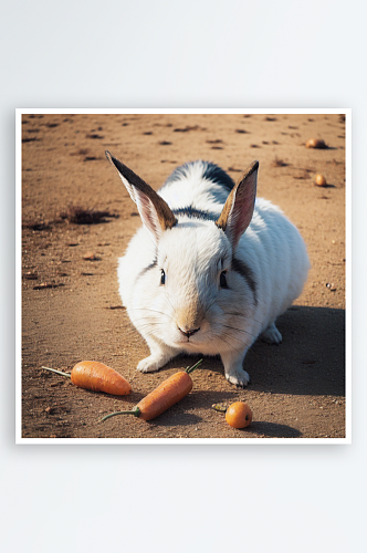 AI数字艺术兔子在吃胡萝卜场景写实