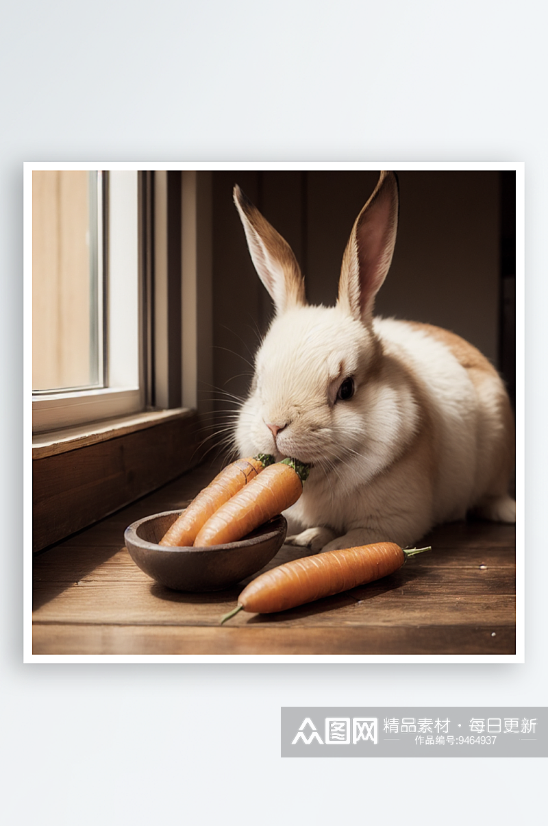 AI数字艺术兔子在吃胡萝卜场景写实素材