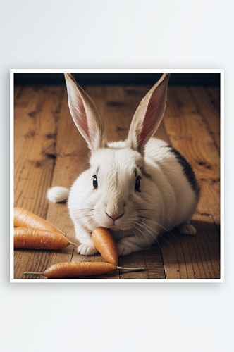 AI数字艺术兔子在吃胡萝卜场景写实