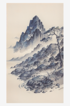 AI数字艺术青山绿树水墨画场景插图