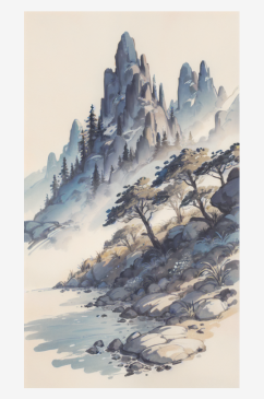 AI数字艺术青山绿树水墨画场景插图