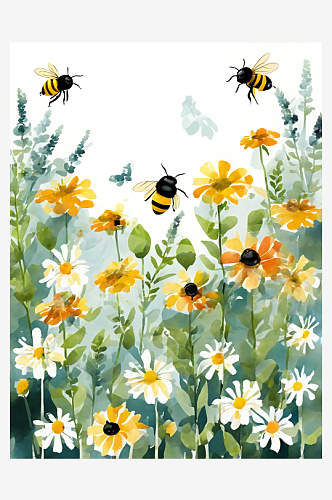 AI数字艺术蜜蜂花朵水彩插画