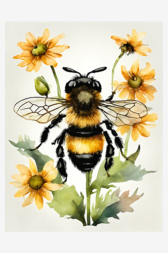 AI数字艺术蜜蜂花朵水彩插画