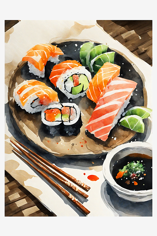 AI数字艺术寿司水彩插图