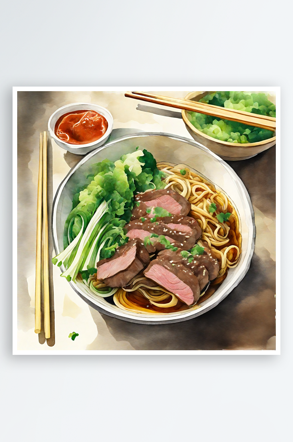 AI数字艺术美食牛肉面水彩插画素材