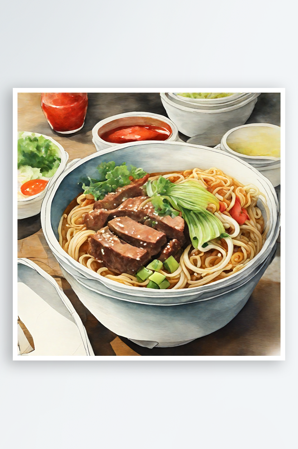 AI数字艺术美食牛肉面水彩插画素材