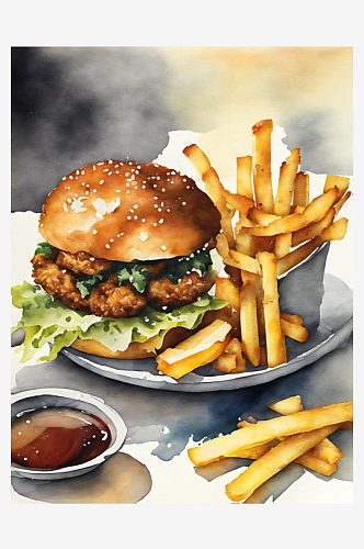 AI数字艺术美食汉堡薯条水彩插画插图
