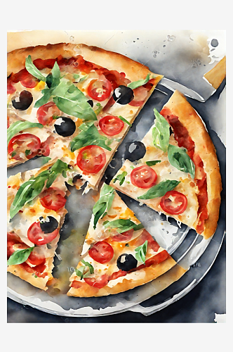 AI数字艺术美食披萨水彩插画插图