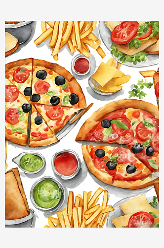 AI数字艺术美食披萨水彩插画插图