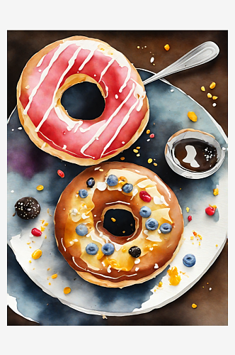 AI数字艺术美食甜品甜甜圈水彩插画插图